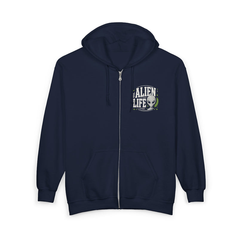 Navy zip hoodie with small I'M ABOUT THAT ALIEN LIFE chest emblem, front view.