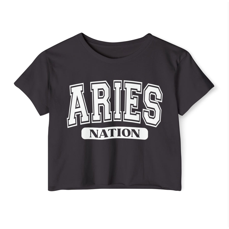 Charcoal crop top with white arched collegiate ARIES lettering and boxed NATION banner, front view.