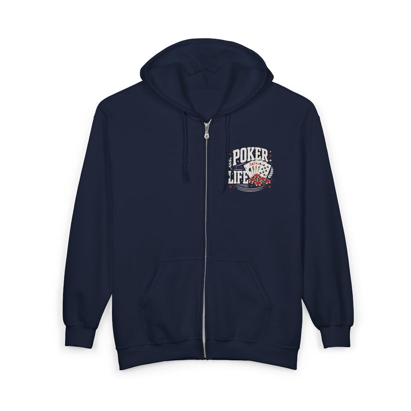 Navy-color zip hoodie, front.