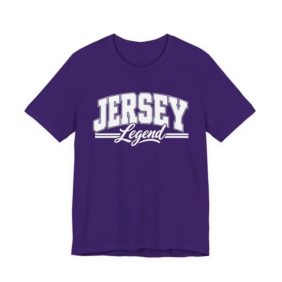 T-Shirt product photo with arched collegiate block lettering reading "JERSEY" with the word "Legend" in script beneath, front view.