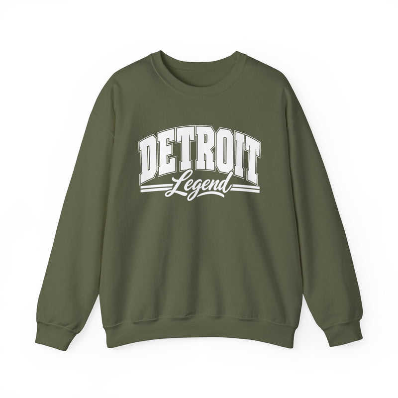 Sweatshirt product photo with arched collegiate block lettering reading "DETROIT" with the word "Legend" in script beneath, front view.