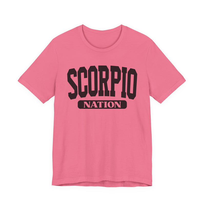 Pink t-shirt with black arched collegiate SCORPIO lettering over a NATION banner, front view.