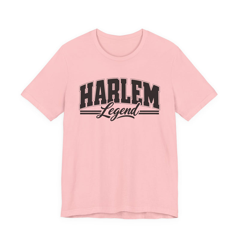 T-Shirt product with collegiate lettering reading HARLEM LEGEND, on-model view.