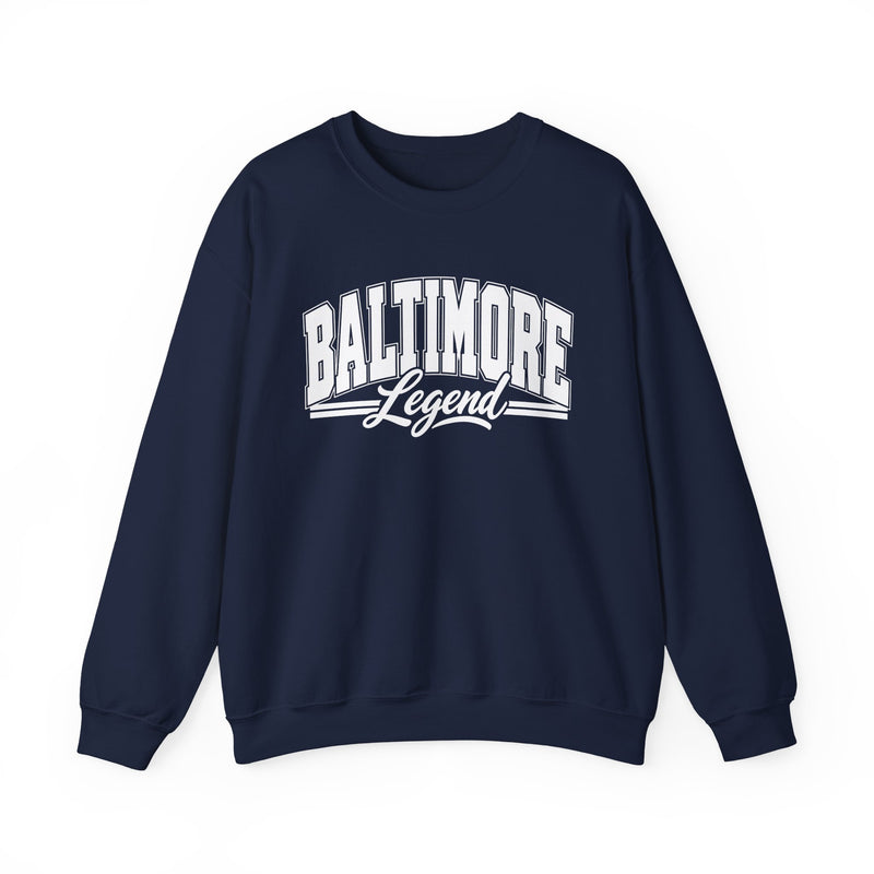Sweatshirt product with collegiate lettering reading BALTIMORE LEGEND, alternate view.