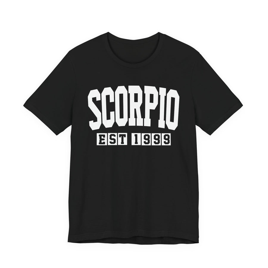 Black t-shirt with white arched SCORPIO lettering and boxed EST 1999 print, front view.