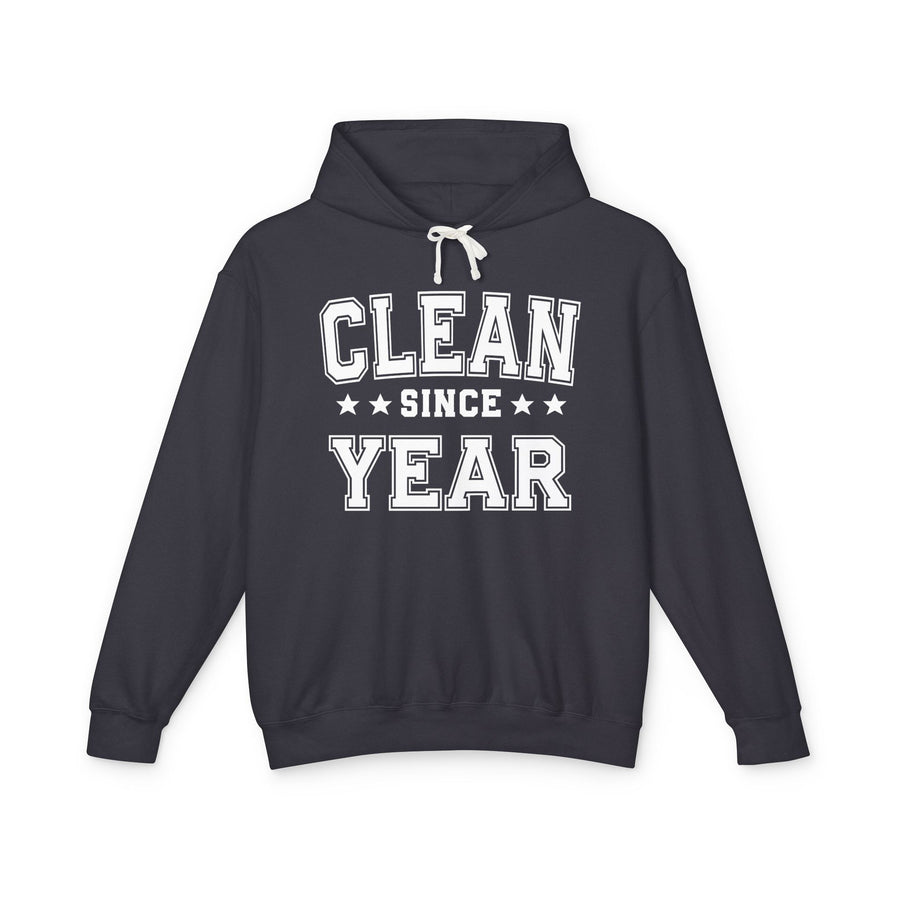 CLEAN SINCE [year] collegiate text design — hoodie in charcoal, front view, product mockup on white background