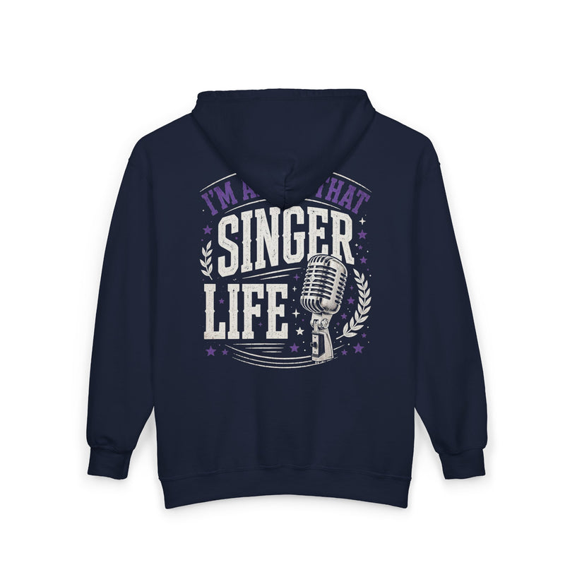 Navy hoodie with white and purple bubble lettering reading I'M ABOUT THAT SINGER LIFE, back.