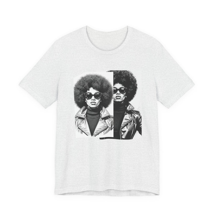 White t-shirt with dark vintage portrait graphic with retro lettering reading 70S STYLE PORTRAIT OF BLACK WOMEN, front flat-lay view.