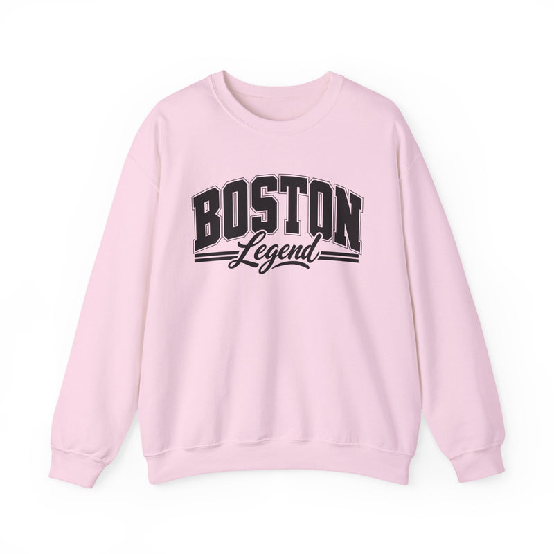 Sweatshirt with collegiate lettering reading BOSTON LEGEND, front view.