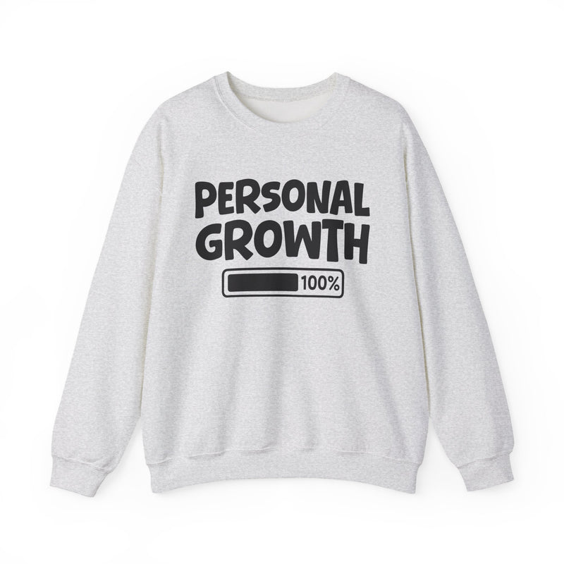 Graphic sweatshirt with bold statement lettering reading "PERSONAL GROWTH 100% LOADED", front view, product mockup