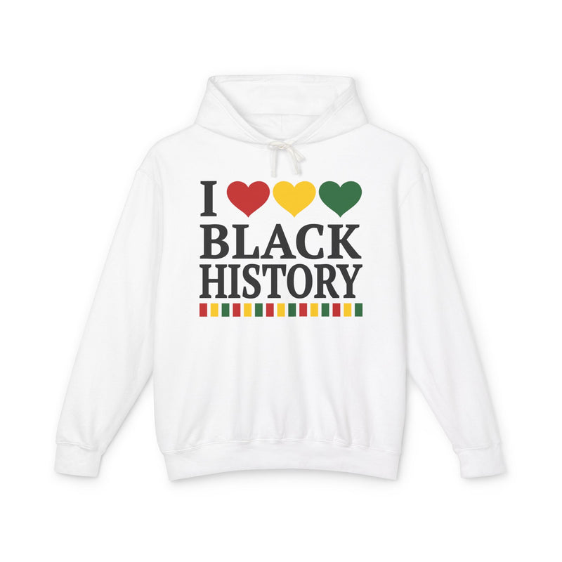Front flat-lay of the I Love Black History hoodie in White: black 'I' with red, gold, and green hearts above black 'BLACK HISTORY' collegiate lettering, with a red, gold, and green stripe bar beneath the text.