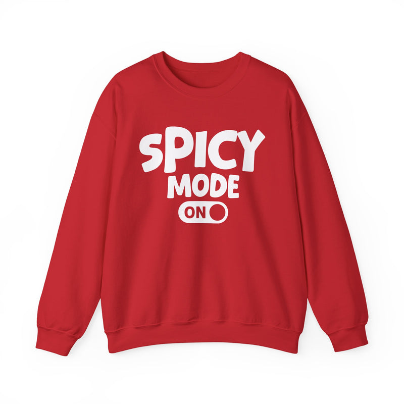 Red sweatshirt with white bold distressed lettering reading SPICY MODE ON, flat-lay view.