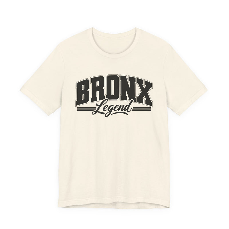 T-Shirt product photo with arched collegiate block lettering reading "BRONX" with the word "Legend" in script beneath, front view.