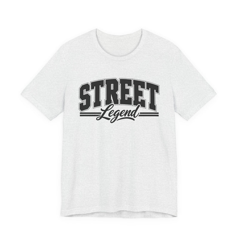 T-Shirt product with collegiate lettering reading STREET LEGEND, flat lay.