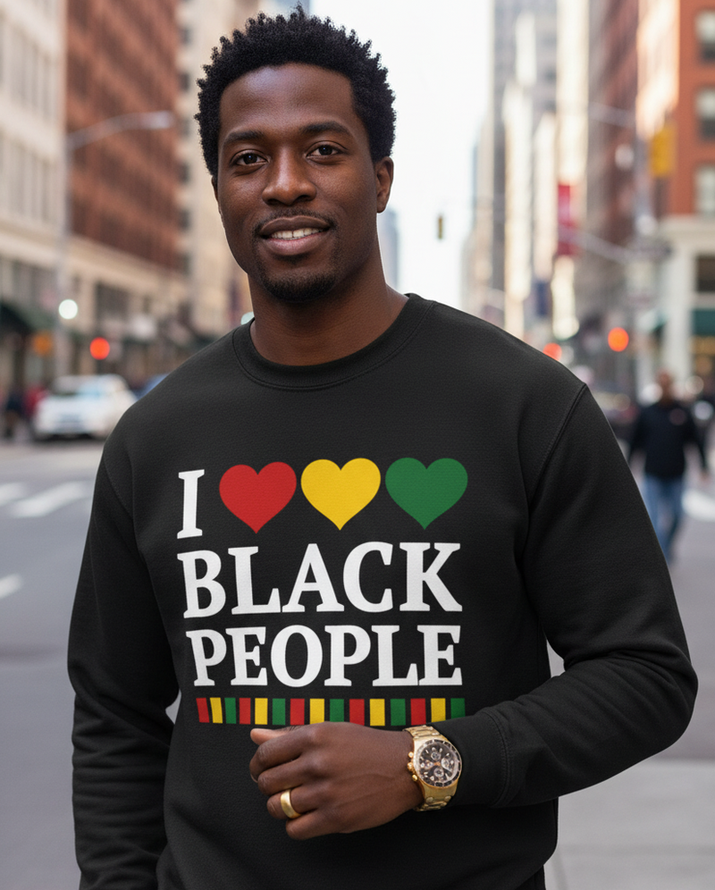I Love Black People — Sweatshirt alternate view 10: I LOVE BLACK PEOPLE in bold statement lettering. Street Talk Designs culture statement apparel.