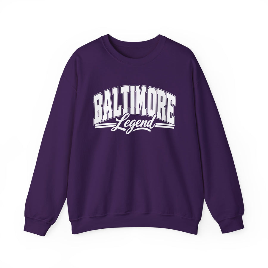 Sweatshirt product with collegiate lettering reading BALTIMORE LEGEND, front view.