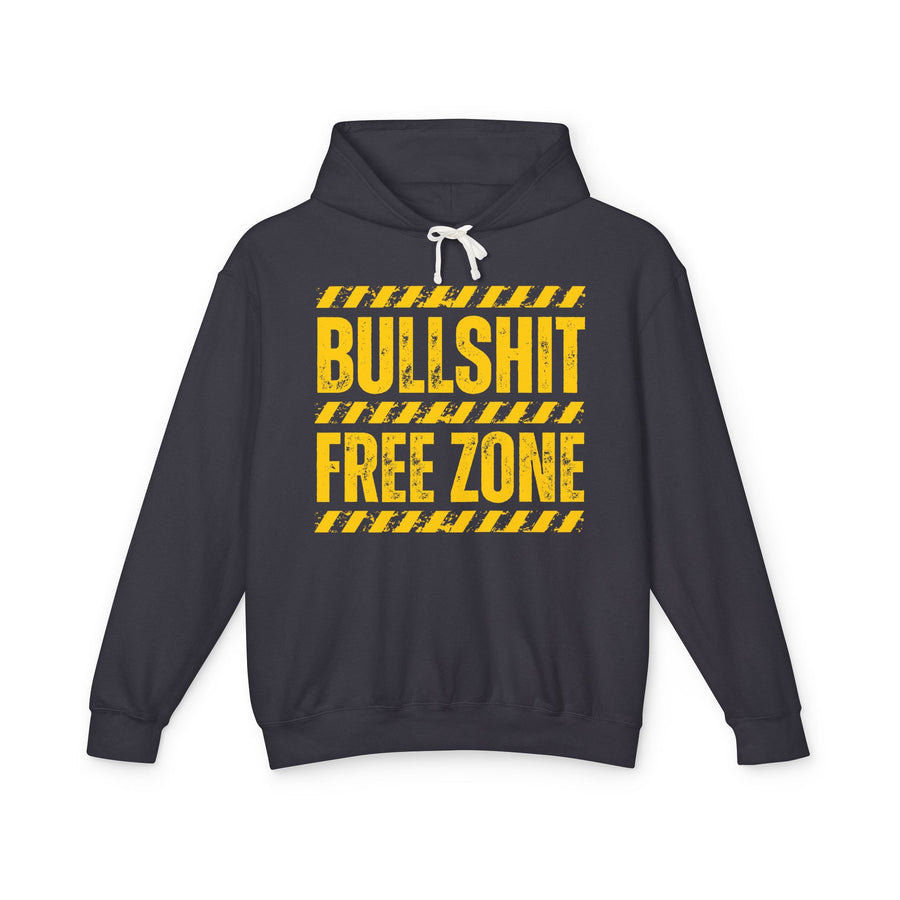 Hoodie with white block lettering reading BULLSHIT FREE ZONE, front view. Street Talk Designs 420 friendly statement apparel.