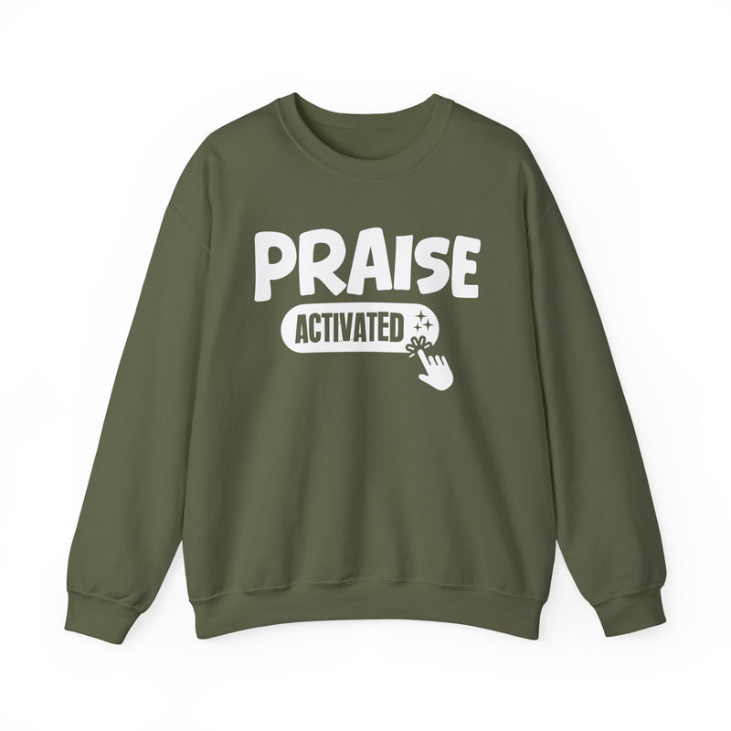 Sweatshirt with text design reading “PRAISE ACTIVATED”, front view