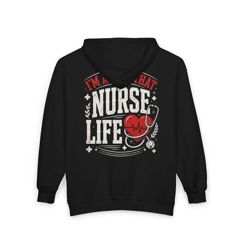Black hoodie with white and red lettering reading "I'M ABOUT THAT NURSE LIFE", back view.