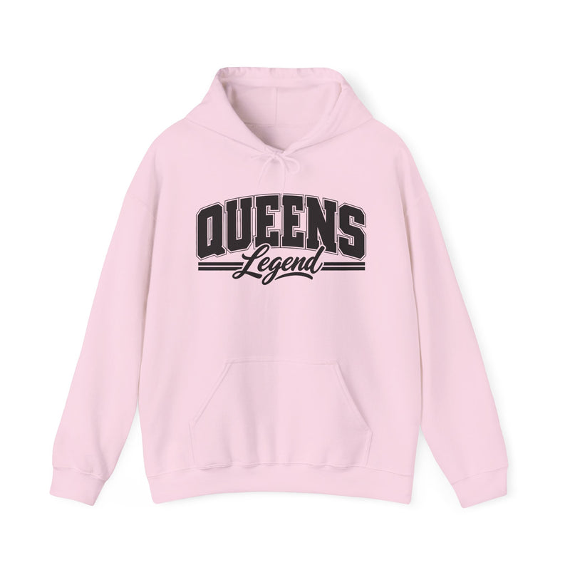 Light pink hoodie with black varsity block and script lettering reading QUEENS LEGEND, front flat-lay view.