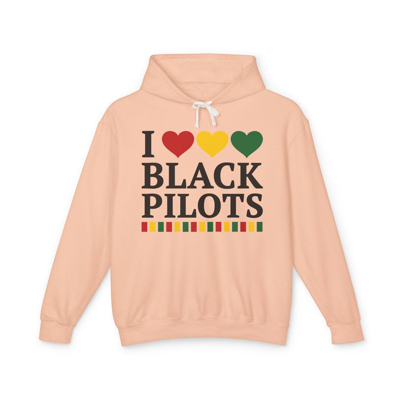 I Love Black Pilots — Hoodie alternate view 6: I LOVE BLACK PILOTS in bold statement lettering. Street Talk Designs culture statement apparel.