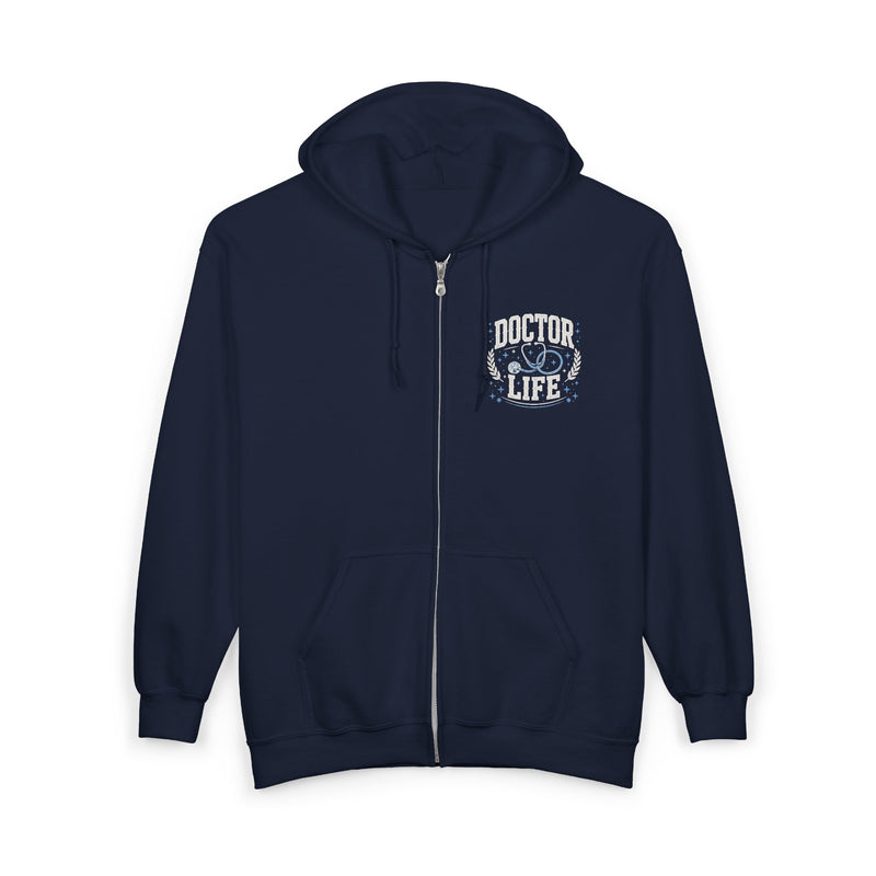 Navy-color zip hoodie, front.