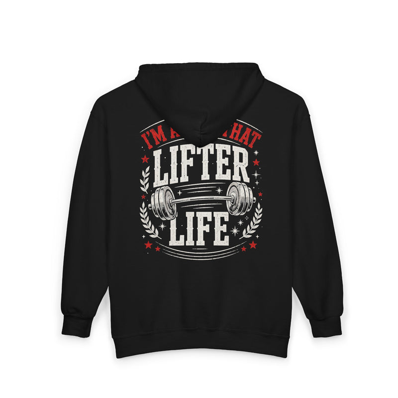 Black zip hoodie with red and white bubble lettering reading I'M ABOUT THAT LIFTER LIFE, back view.