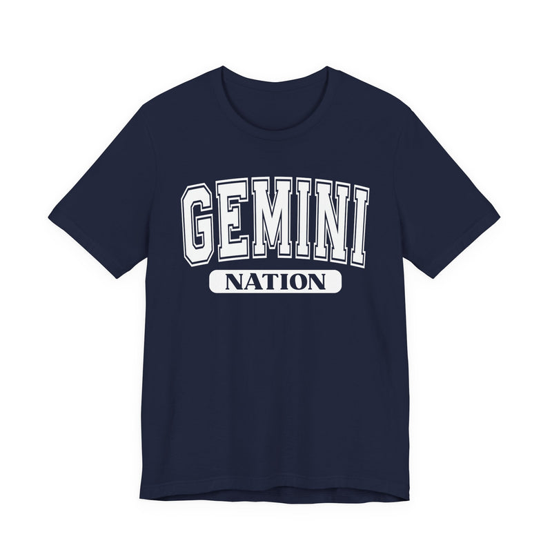 Navy t-shirt with white arched GEMINI lettering and NATION bar print, front flat-lay view.