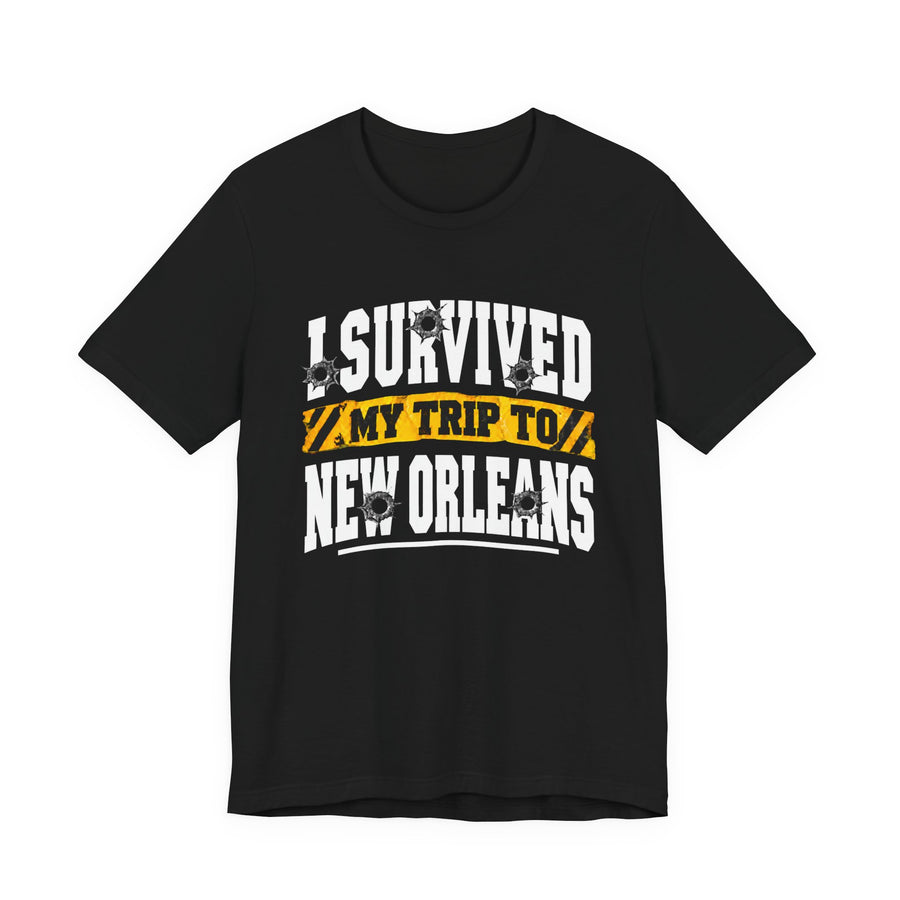 T-Shirt product with collegiate lettering reading I SURVIVED MY TRIP TO NEW ORLEANS, front view.