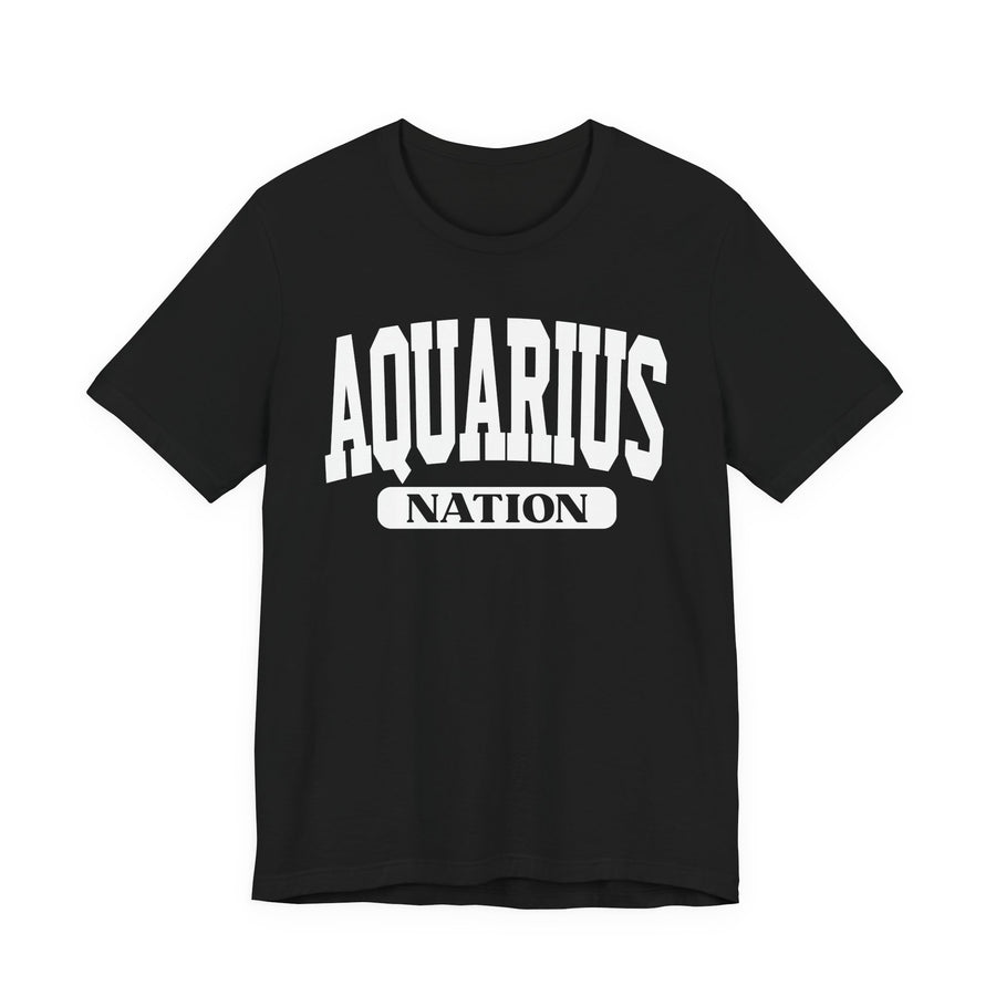 Black T-shirt with white arched AQUARIUS collegiate lettering and NATION banner below, front view