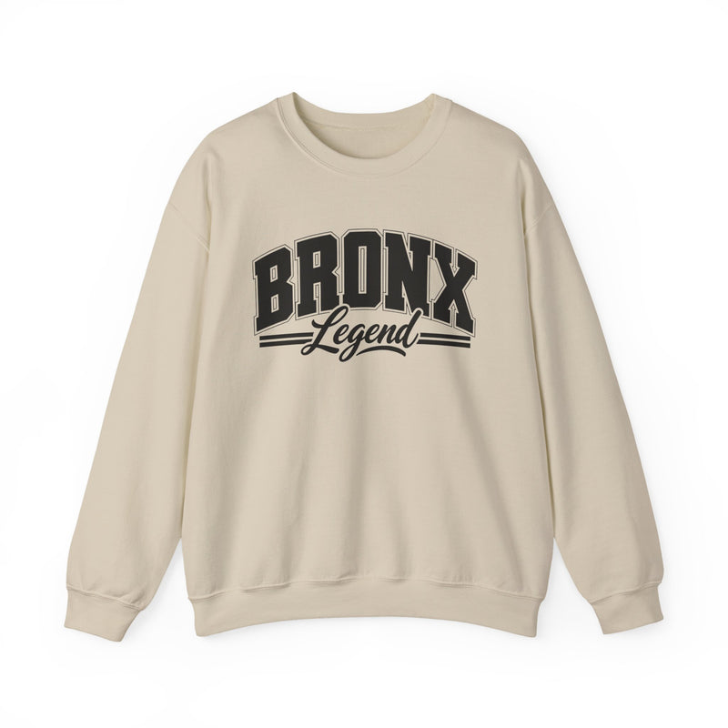 Sweatshirt product photo with arched collegiate block lettering reading "BRONX" with the word "Legend" in script beneath, front view.