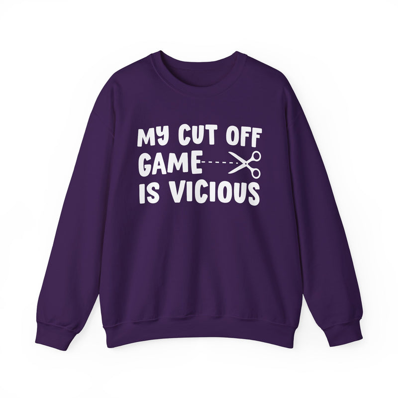 Charcoal sweatshirt with white collegiate lettering reading MY CUTOFF GAME IS VICIOUS, flat-lay view.