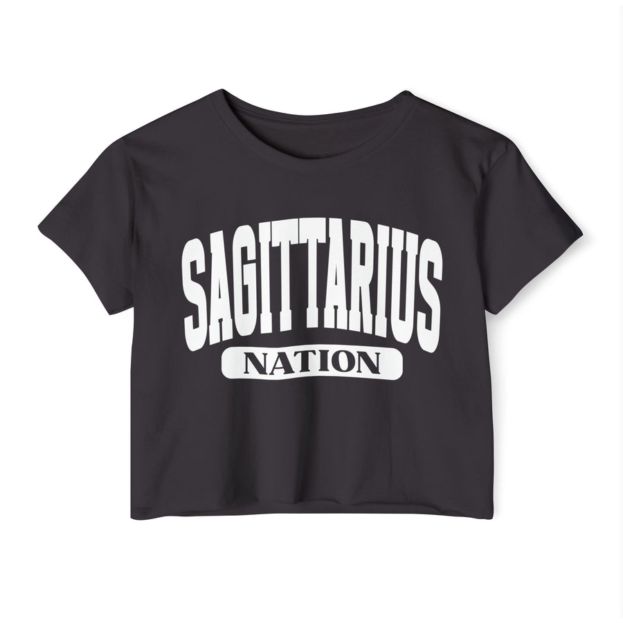 Black crop top with white arched SAGITTARIUS collegiate lettering and NATION banner print, front flat-lay view.