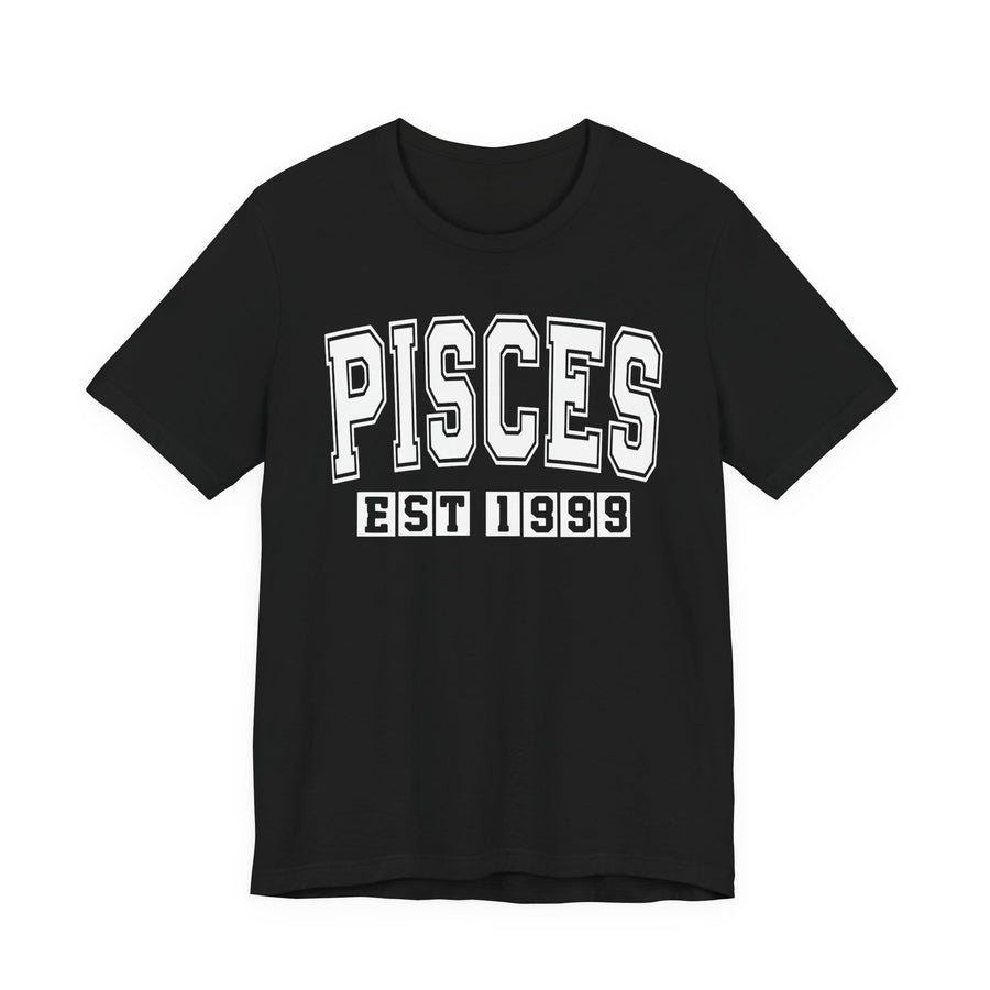 Black t-shirt with white arched PISCES lettering and boxed EST 1999 print, front view