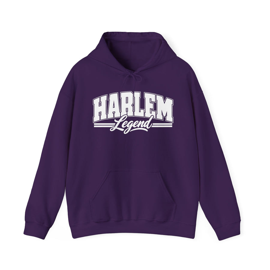 Hoodie product with collegiate lettering reading HARLEM LEGEND, front view.