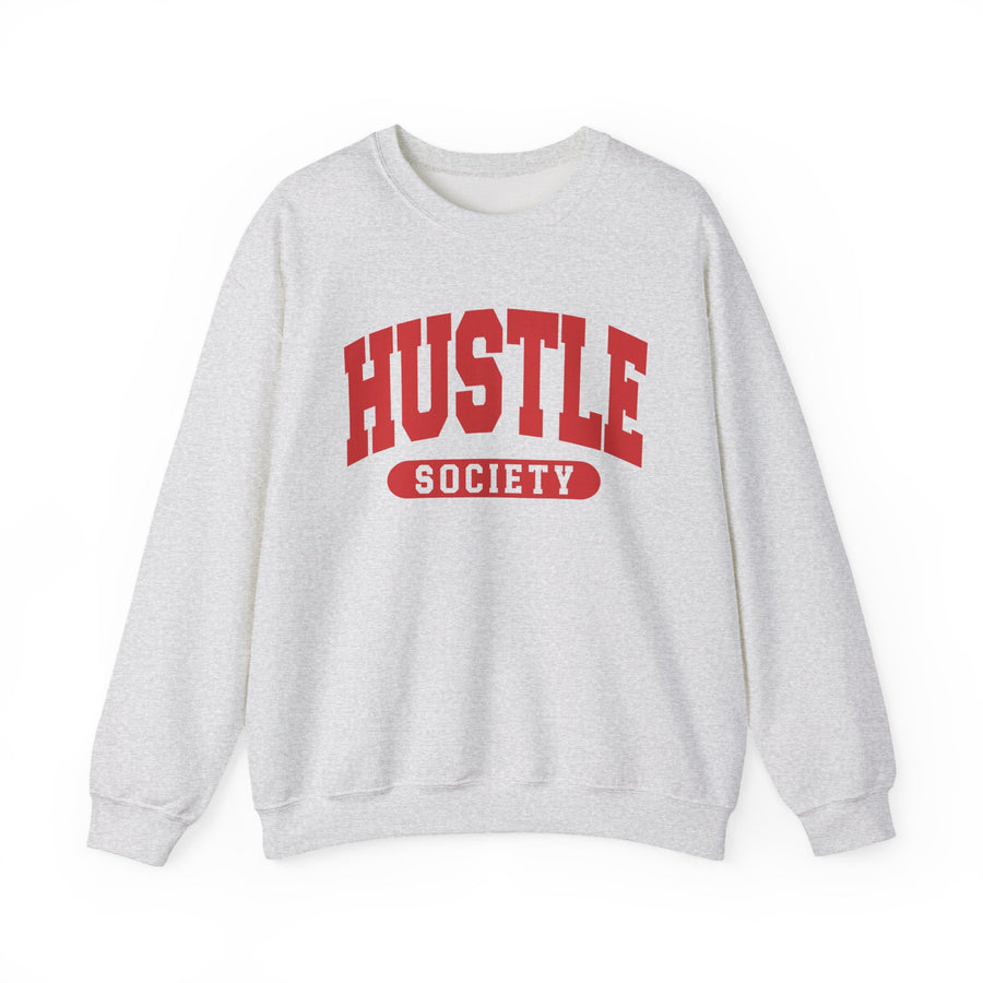 Cream sweatshirt with red collegiate lettering reading HUSTLE SOCIETY, front flat-lay view.