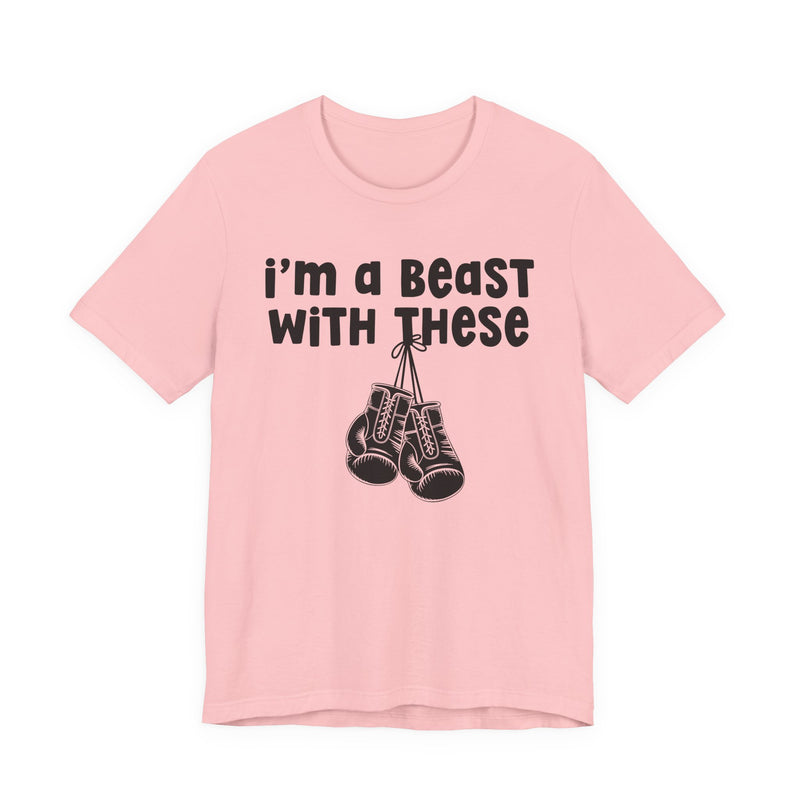 White t-shirt with boxing gloves and milgreen collegiate lettering reading I'M A BEAST WITH THESE, flat-lay view.