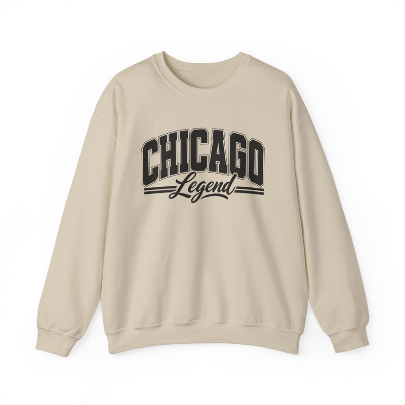 Sweatshirt product with collegiate lettering reading CHICAGO LEGEND, detail close-up.
