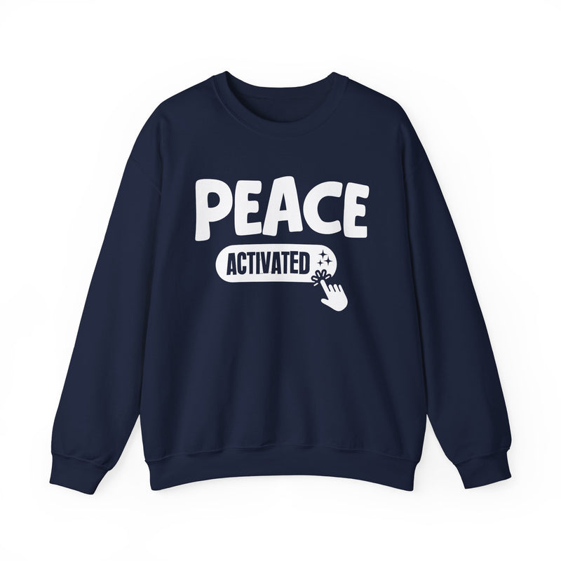 Sweatshirt in Navy with lettering reading "PEACE ACTIVATED", front view.