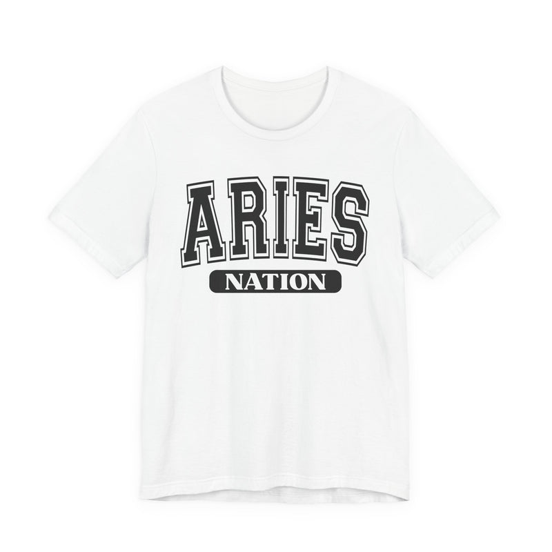 White t-shirt with black arched collegiate ARIES lettering and boxed NATION banner, front view.