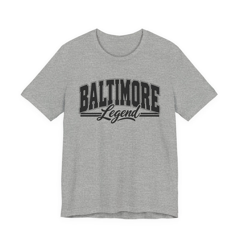 T-Shirt product with collegiate lettering reading BALTIMORE LEGEND, lifestyle view.