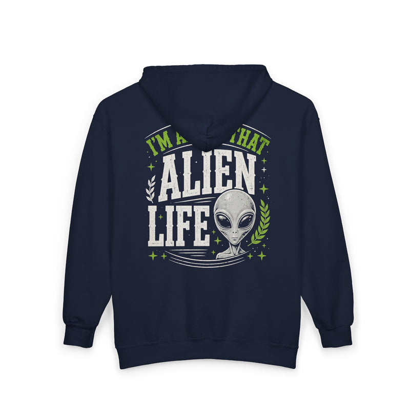 Navy zip hoodie with small I'M ABOUT THAT ALIEN LIFE chest emblem, alternate view.