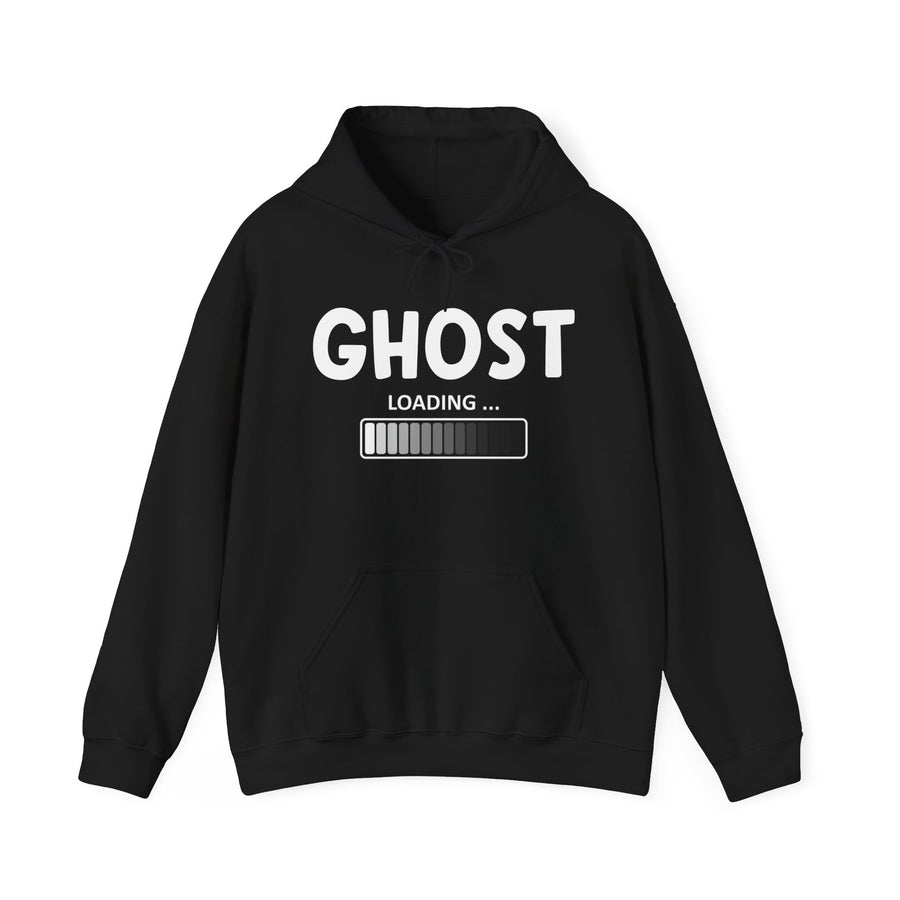 Black hoodie with white bubble lettering reading "GHOST LOADING...", front flat-lay view.