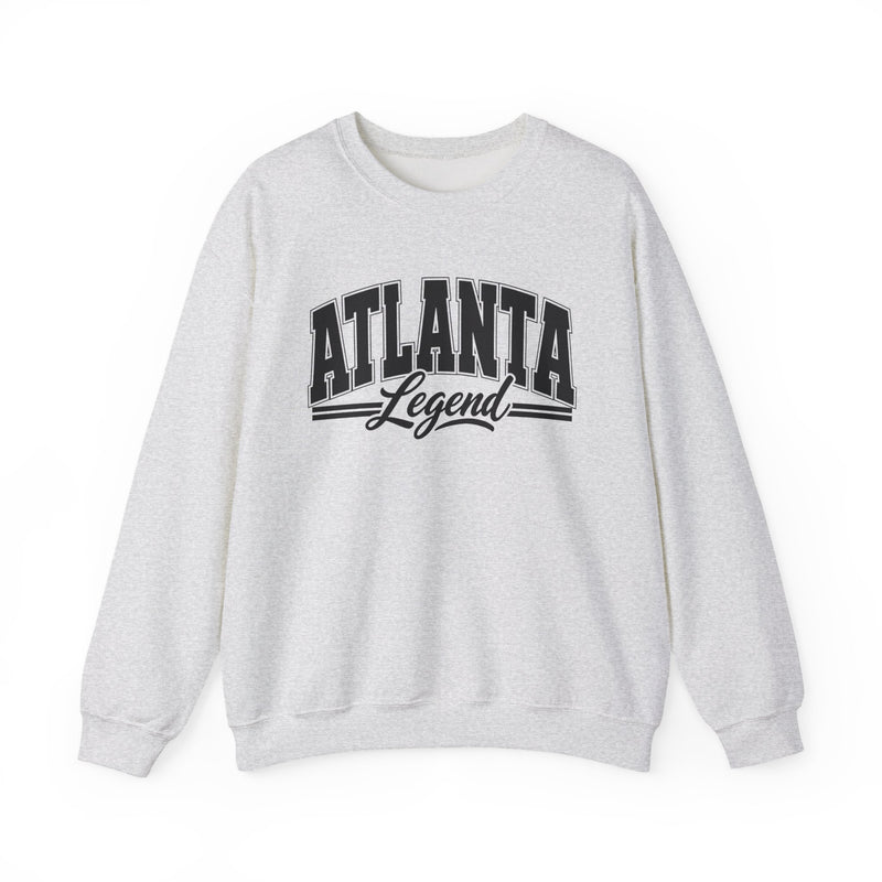 White sweatshirt with black varsity block and script lettering reading ATLANTA LEGEND, front flat-lay view.