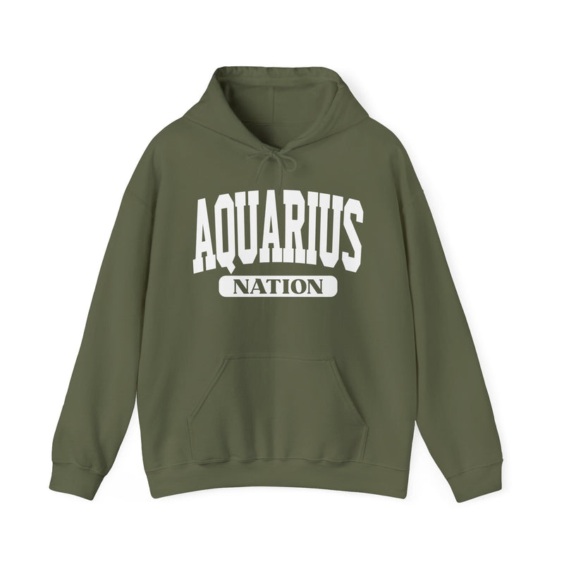 Military green hoodie with white arched AQUARIUS collegiate lettering and NATION banner below, front view