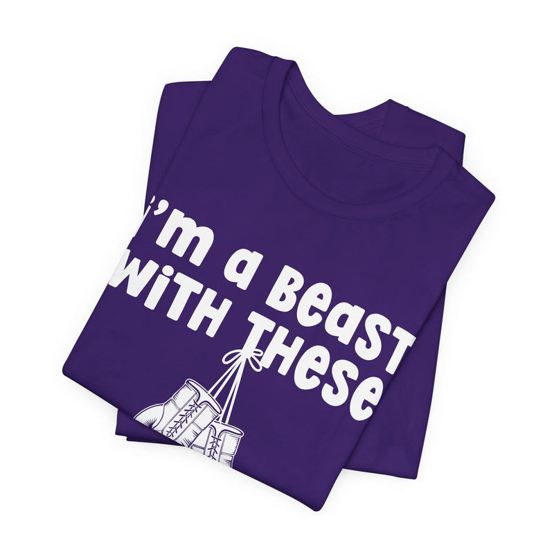 Charcoal t-shirt with boxing gloves and purple collegiate lettering reading I'M A BEAST WITH THESE, flat-lay view.