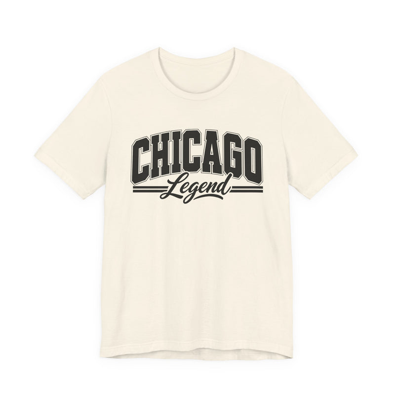 T-Shirt product with collegiate lettering reading CHICAGO LEGEND, detail close-up.