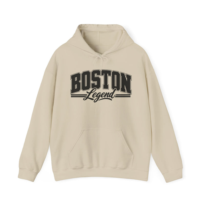 Hoodie with collegiate lettering reading BOSTON LEGEND, front view.