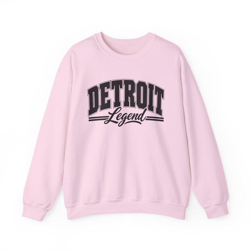 Sweatshirt product photo with arched collegiate block lettering reading "DETROIT" with the word "Legend" in script beneath, front view.