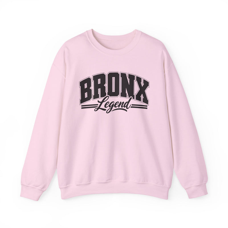 Sweatshirt product photo with arched collegiate block lettering reading "BRONX" with the word "Legend" in script beneath, front view.